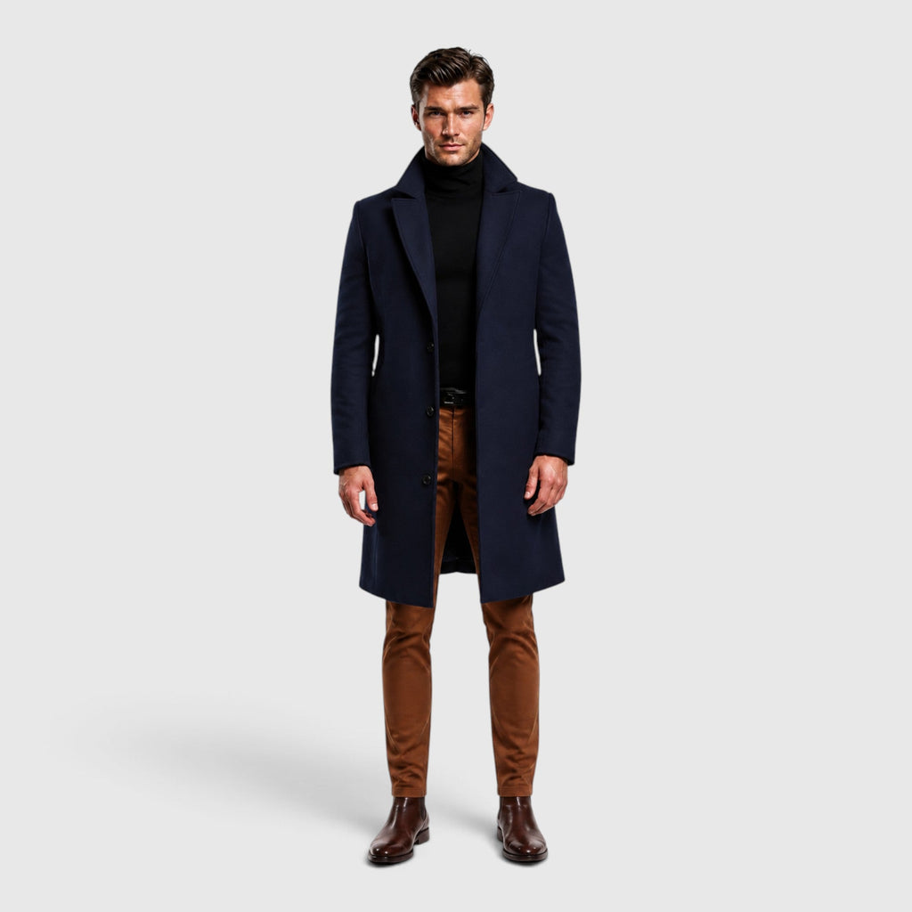 Quentin Long Wool Coat in Blue, product detail photo by Mance Wear