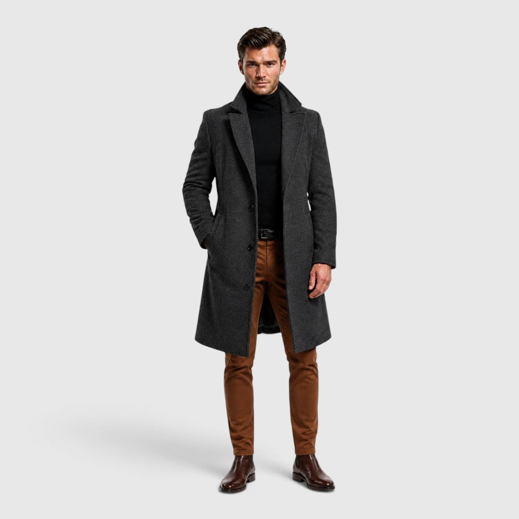 Quentin Long Wool Coat in Gray, product detail photo by Mance Wear