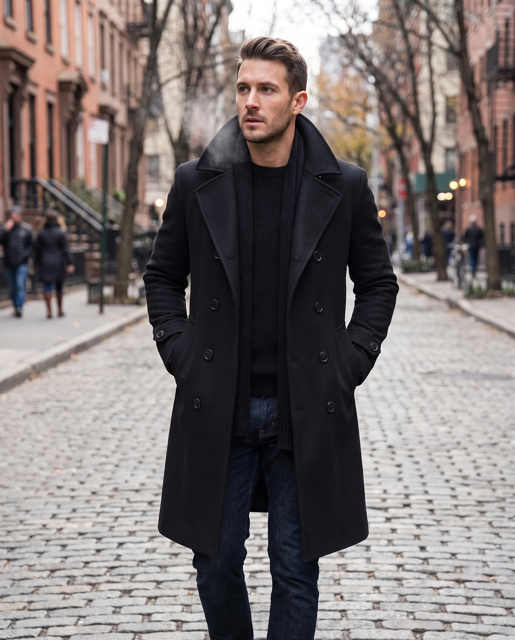 Simon Wool Trench Coat in Black, men's classic winter overcoat by Mance Wear