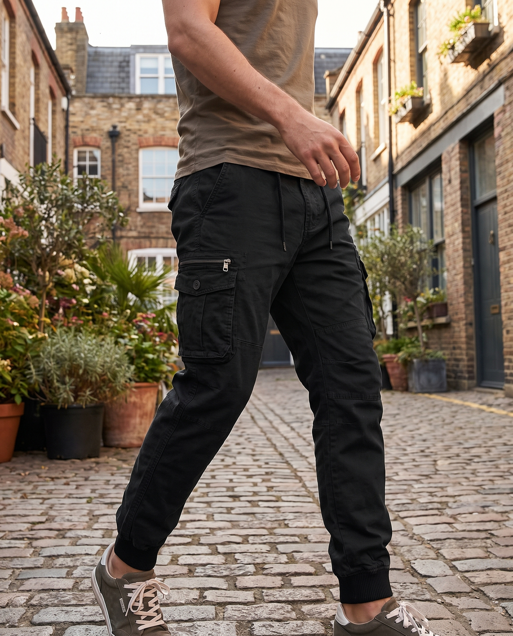Tristan Cargo Jogger Trousers in Black, men's elastic waist utility joggers by Mance Wear
