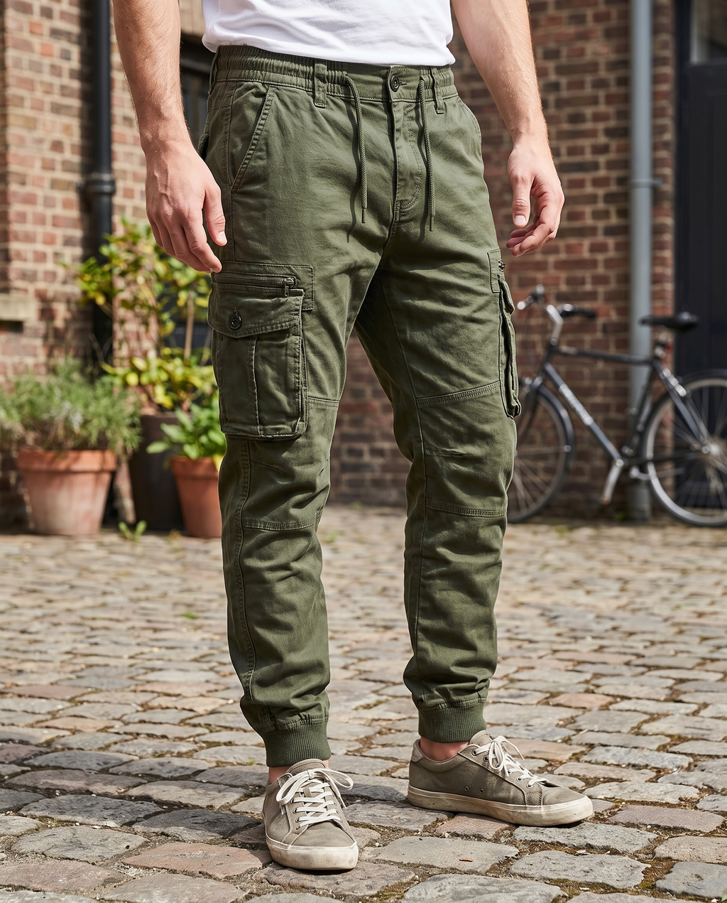 Tristan Cargo Jogger Trousers in Green, men's elastic waist utility joggers by Mance Wear