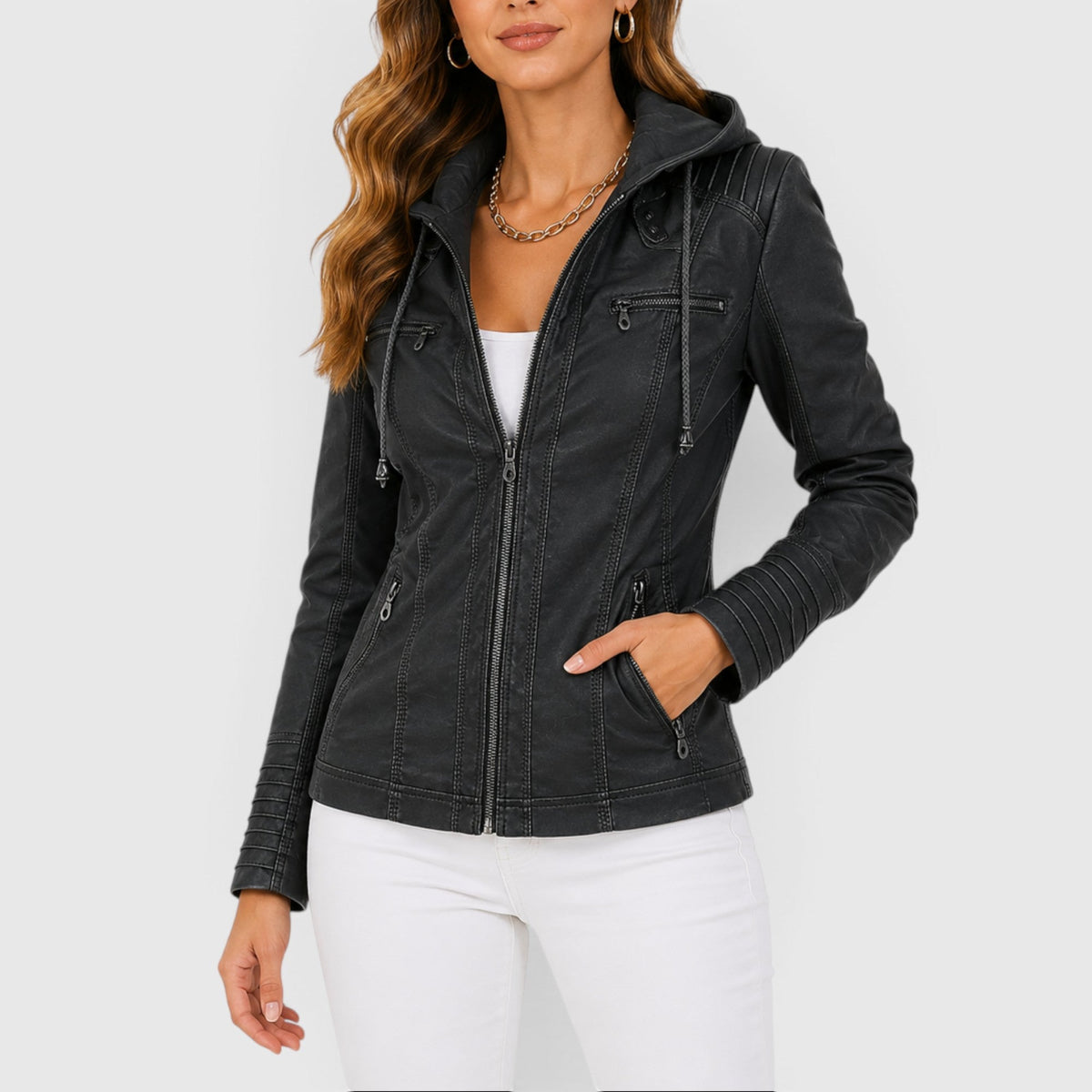 Una Faux Leather Hooded Jacket product detail photo by Mance Wear