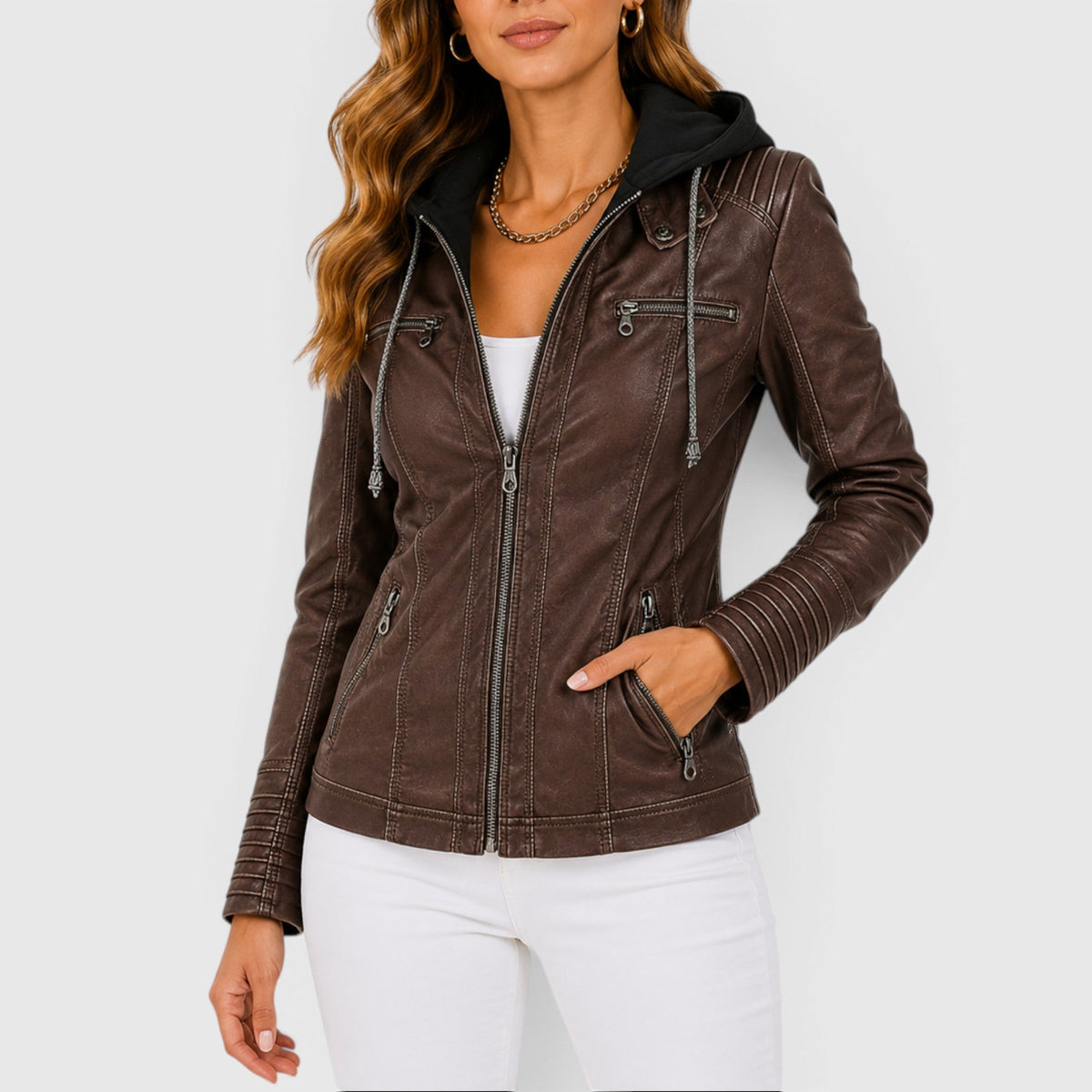 Una Faux Leather Hooded Jacket product detail photo by Mance Wear