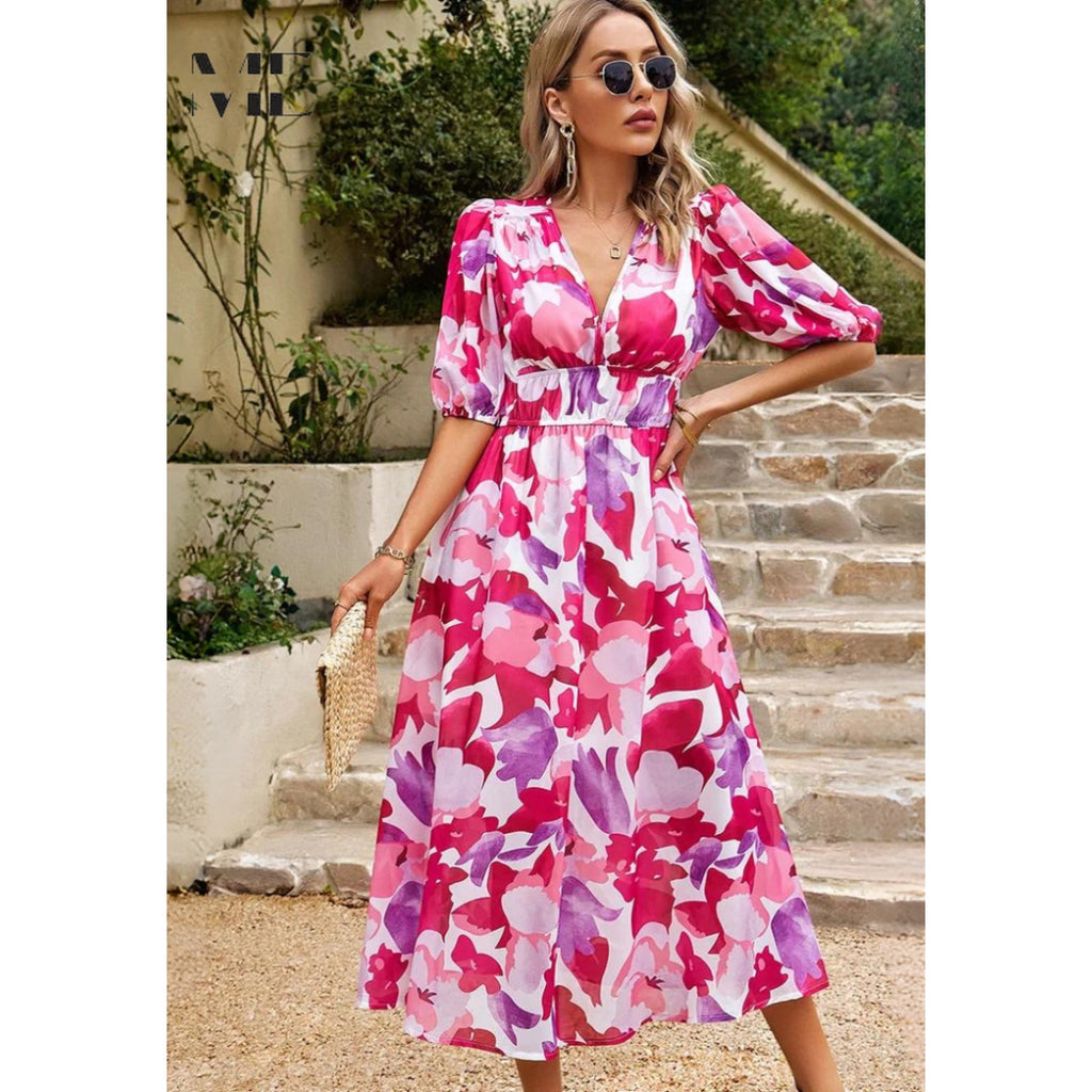 Nadia | Women's V-Neck Floral A-Line Midi Dress