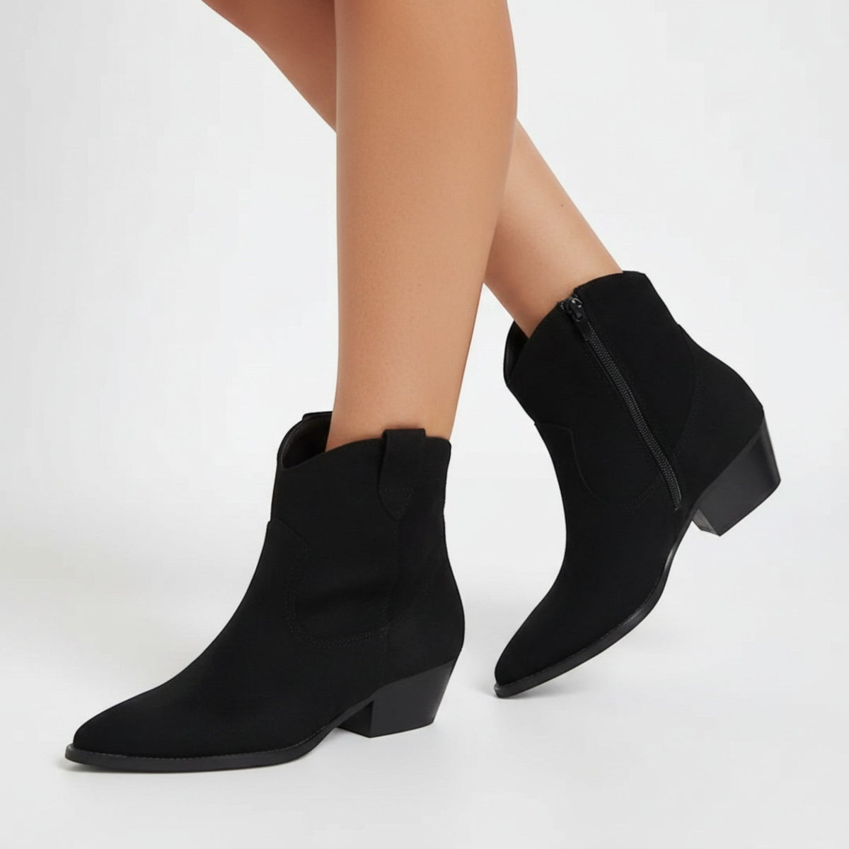 Yasmin Faux Suede Ankle Boots in Black, product detail photo by Mance Wear
