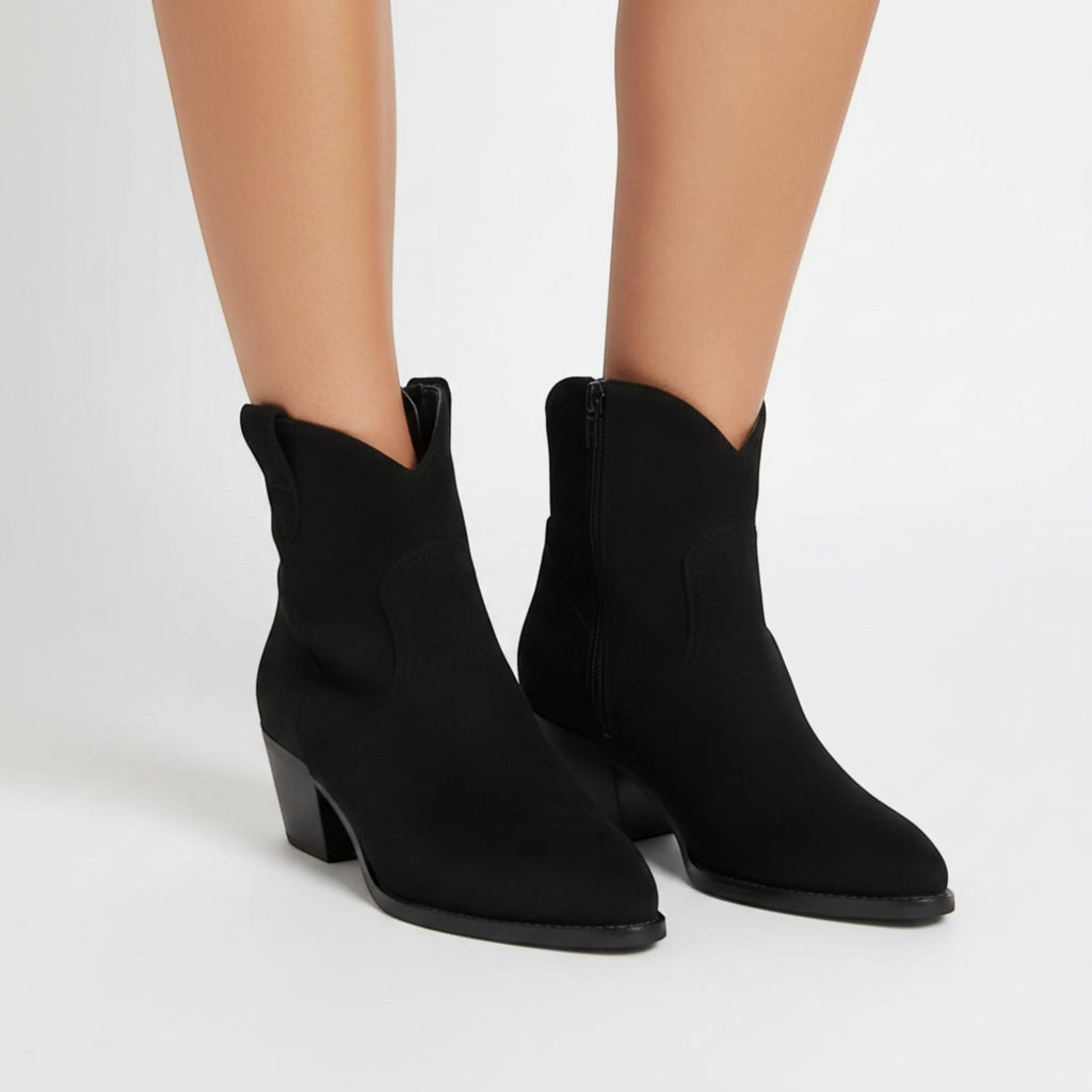 Yasmin Faux Suede Ankle Boots in Black, product detail photo by Mance Wear