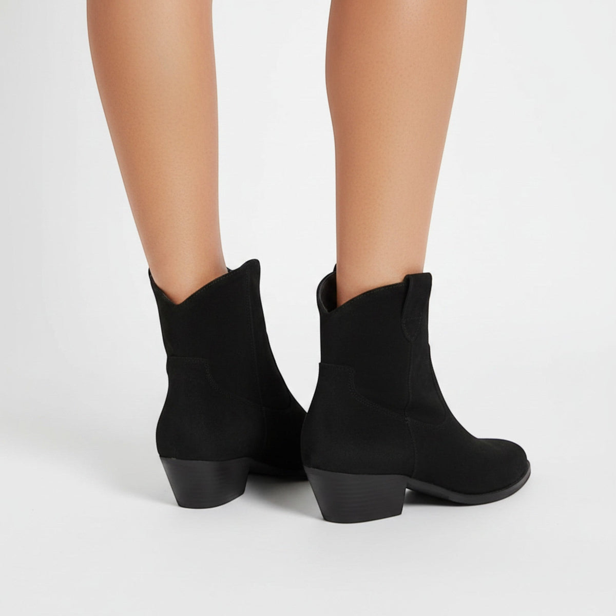 Yasmin Faux Suede Ankle Boots in Black, product detail photo by Mance Wear