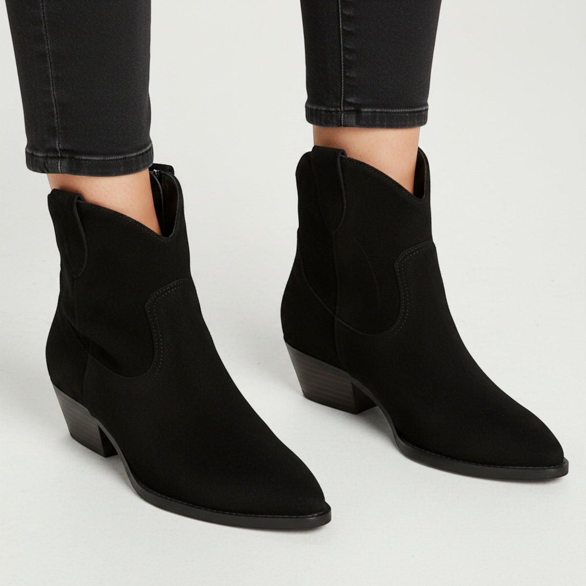 Yasmin Faux Suede Ankle Boots in Black, product detail photo by Mance Wear