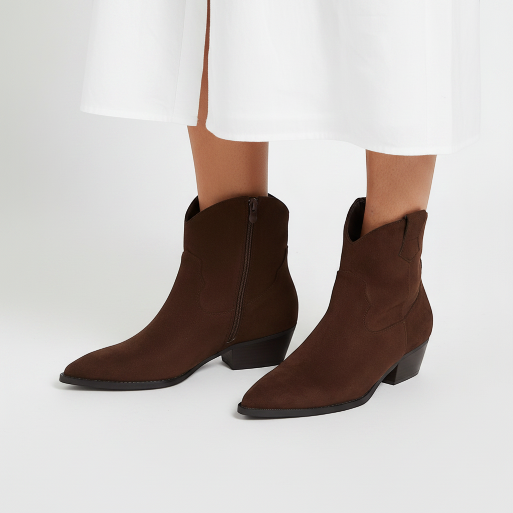 Yasmin Faux Suede Ankle Boots in Brown, product detail photo by Mance Wear