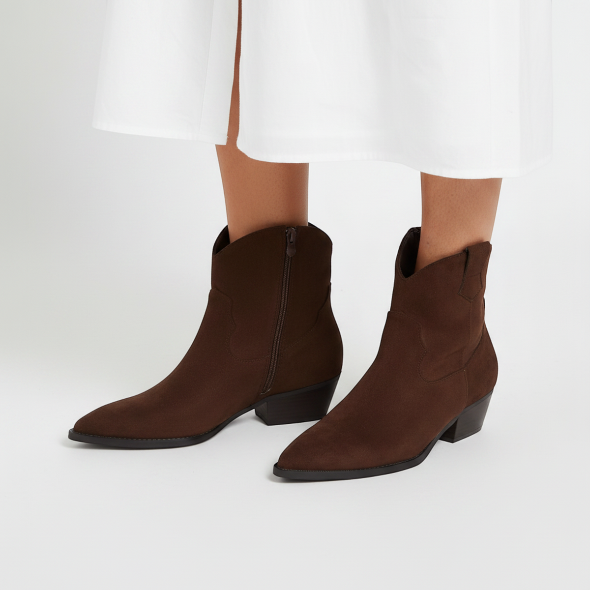 Yasmin Faux Suede Ankle Boots in Brown, product detail photo by Mance Wear