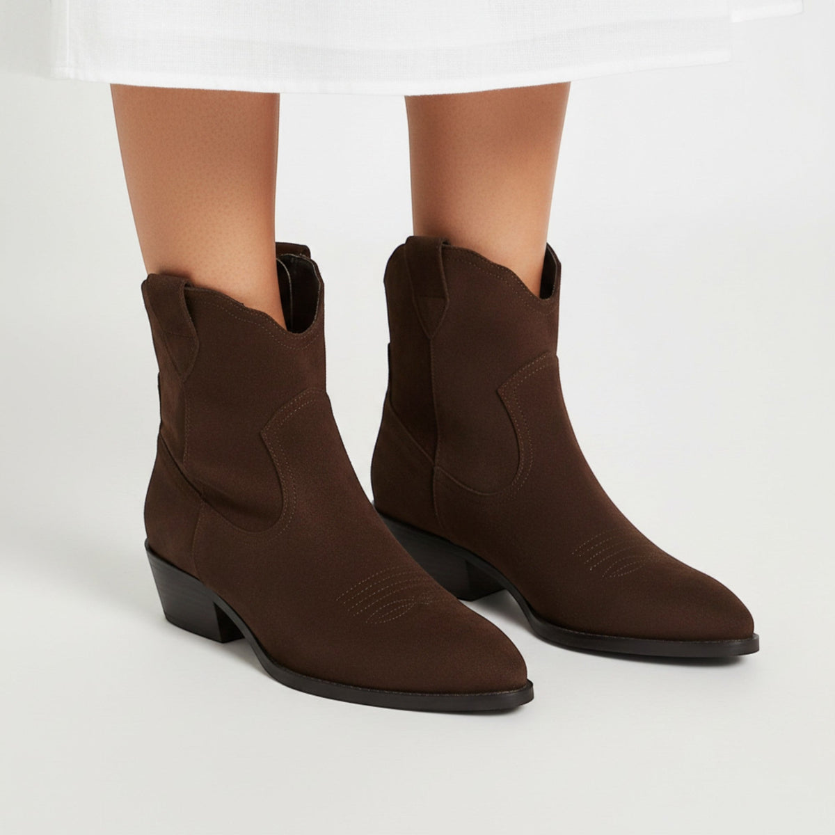 Yasmin Faux Suede Ankle Boots in Brown, product detail photo by Mance Wear